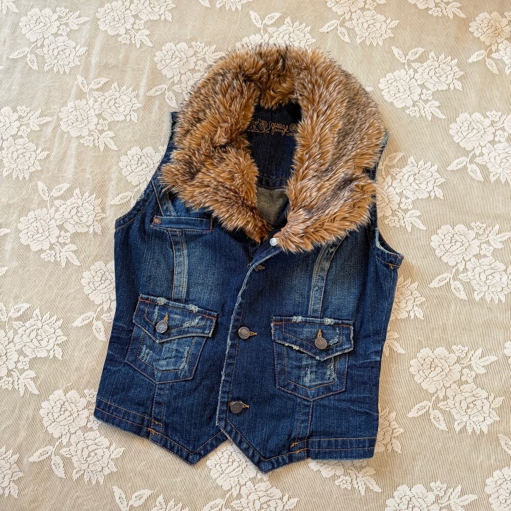 Vintage Y2K Younique Jeans Faux Fur Collar Denim Vest Size 7/8